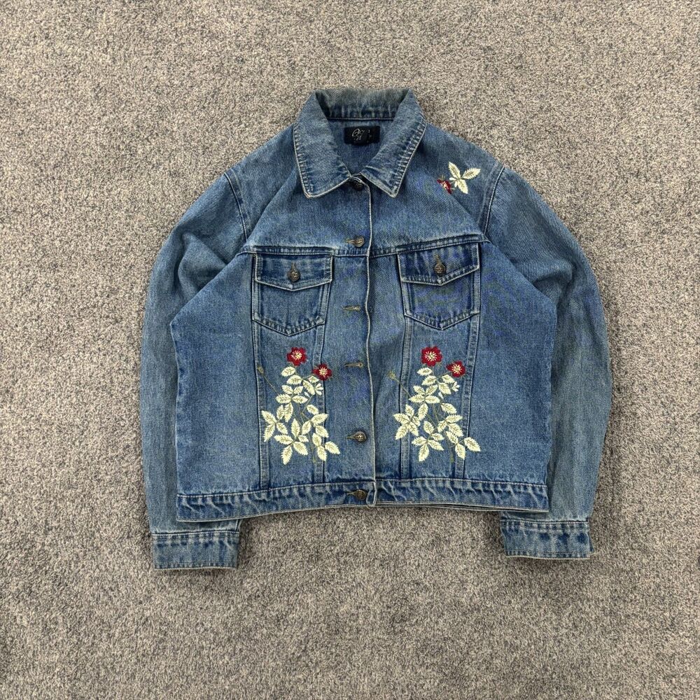 Vintage 90s Embroidered Denim Jacket Womens L Floral Cropped Jean Coat